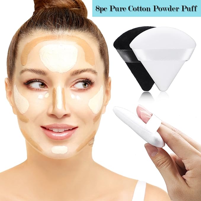 8 Pcs Cotton Powder Puff Face,JASSINS Triangle super soft Both dry and wet Makeup Setting Puff,For Concealer/Loose Powder/Body Powder/Foundation/Blush Makeup Sponge Set (Black+White)