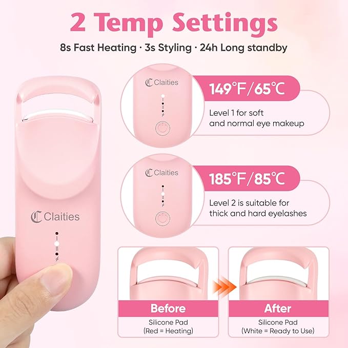 Heated Eyelash Curler - 10s Heat, 3s Curl, Portable Travel-Size Mini Burn-Proof Design 24H Hold | Dual-Temp Control & USB-C Recharge