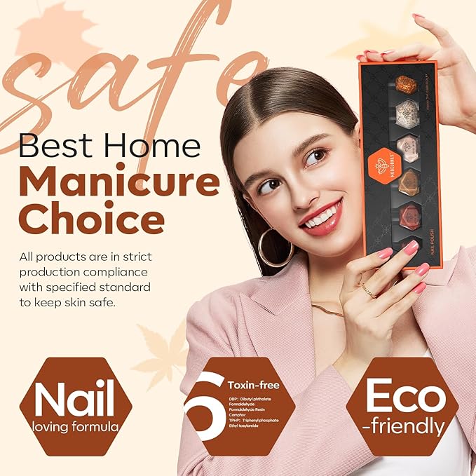 modelones Nail Polish Set, 6 Colors Fall Glitter Nail Polish Kit Orange Brown Quick Dry Fingernail Polish Manicure Nail Art Manicure DIY Home Salon Gifts for Women Mom