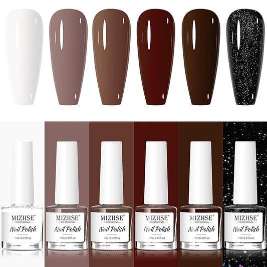MIZHSE Brown Nail Polish Set - 6 Colors Nude White Glitter Winter Collection Quick Dry DIY Nail Art Salon Gift For Women