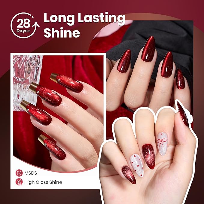 Beetles Red Cat Eye Gel Nail Polish Set - Sultry Burgundy Cat Eye Gel Polish, 6 Colors Burgundy Dark Red Glitter Red Magnetic Fall Gel Polish Kit Soak Off UV Nail Art Salon DIY Manicure Gift for Women