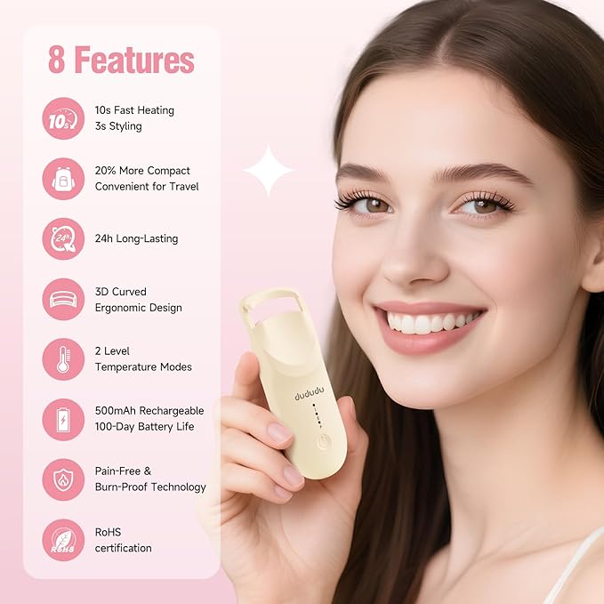 DUDUDU Heated Eyelash Curler, Portable Travel-Size Mini Electric Heated Lash Curler - 2-Level Adjustable Temp & Type-C Recharge, 10S Heat 3S Style 24H Lift for Long-Lasting Natural Effortless Curves