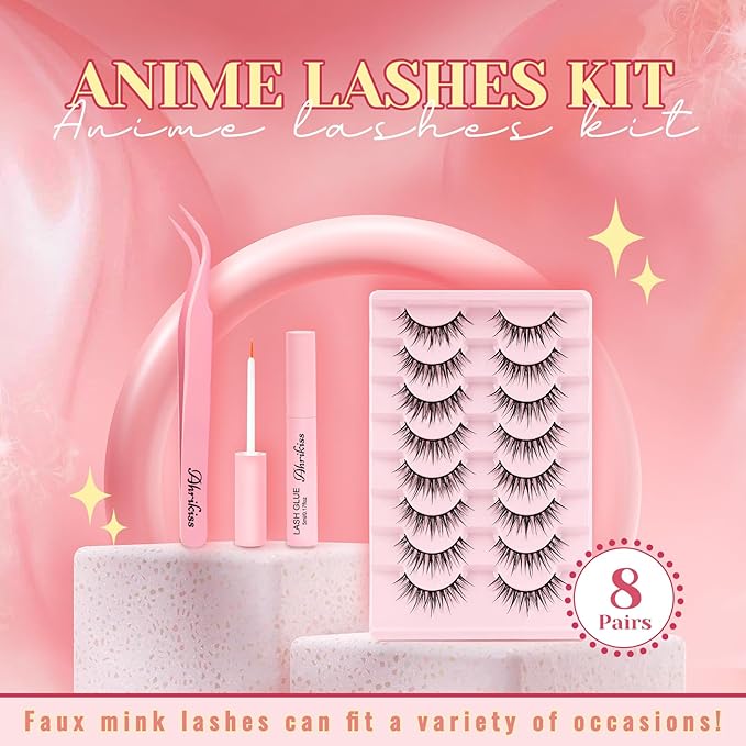 Ahrikiss Manga Lashes Wet Look Wispy Anime False Eyelashes 8 Pairs Faux Mink Lashes Kit with Lash Glue and Lash Tweezers Soft Fake Lashes Spiky Strip Lashes Look Like Individual Lashes (Clammy)