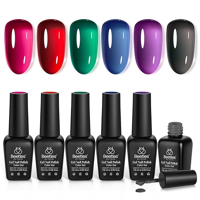 Beetles Jelly Gel Nail Polish Set - Jelly Magic Gel Polish, 6 Colors Pink Red Black Blue Green Purple Halloween Fall Gel Polish Kit Sheer Translucent Effect Soak Off UV Manicure DIY Gift for Women
