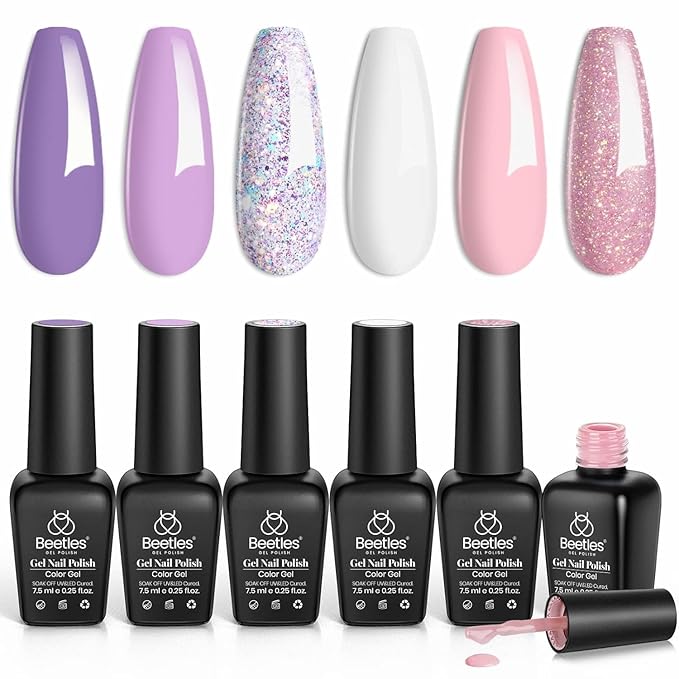 Beetles Purple Gel Nail Polish Set, 6 Colors Spring Glitter Pink Milky White Romantic Garden Collection Gel Polish, Soak Off Uv Led Lamp Cured Diy Manicure for Women