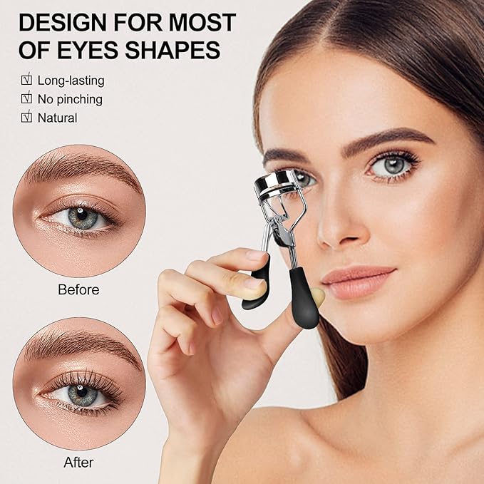 Eyelash Curler with Comb and Brush Fit All Eye Shape Curved Eyelash Curlers with 5PCS Silicone Refill Pad,Natural and Long Lasting Lash Curler for Women Make Up Gift(Black)