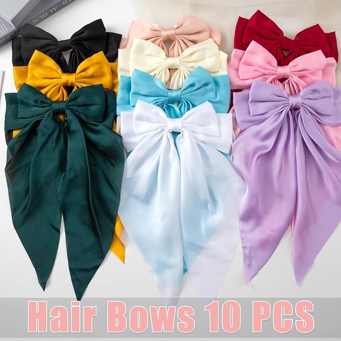 10 PCS Hair Bows,Hair Bows for Women,Hair Ribbons,Oversized Long-tail Cute Aesthetic Hair Accessories,Large Hair Barrettes for Women,Big Hair Bow,Big Bows for Girls