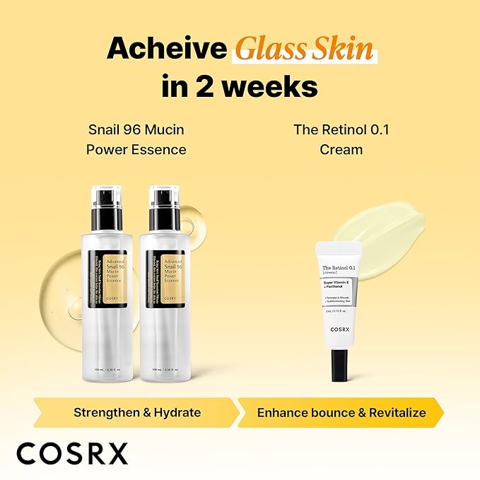 COSRX Snail 96% Mucin Power Essence 2ea & Retinol 0.1% Cream Mini Sample 1ea, Glass Skin Starter Set, Amazon Exclusive, Daily Hydrating & Firming Korean Skin Care Kit, Gift Set