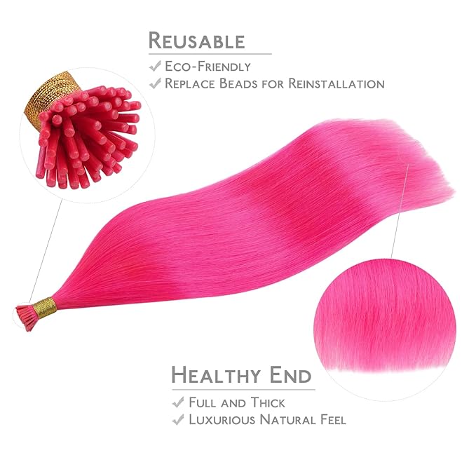 WENNALIFE I Tip Hair Extensions Human Hair, 50g 50s 18 Inch Hot Pink Remy Itip Human Hair Extensions Invisible Itips Straight I Tips Fusion Extensions Real Human Hair