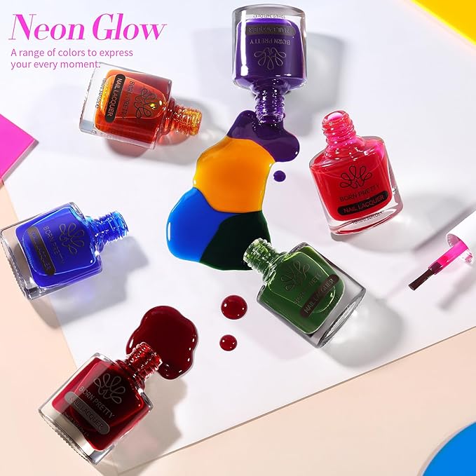Born Pretty Neon Jelly Nail Polish Set, 6 Colors Halloween Ice Jelly Neon Nail Polish Quick Dry Fingernail Polish Kit Crystal Transparent Hot Pink Yellow Green Blue Nail Lacquer Glossy Polish Set