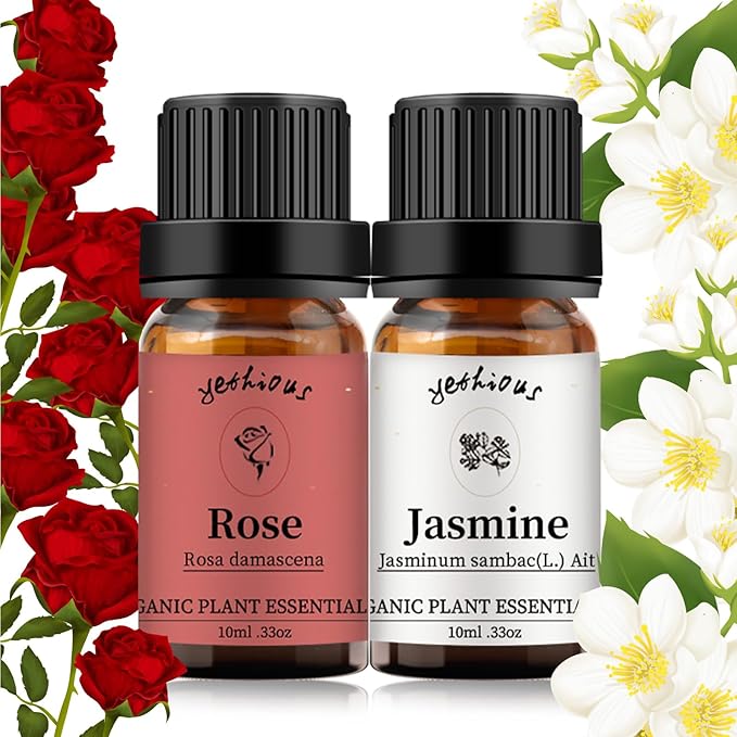 yethious Rose Essential Oil Jasmine Essential Oil for Diffuser, Hair, Skin, Body, Face, Perfume, Soap, Candle Making Rose Fragrance Oil Set Jasmine Oil Organic 2 X 10ML