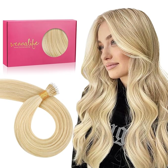 WENNALIFE Nano Bead Hair Extensions, 50g 50s 18 Inch Human Hair Light Blonde Highlighted Golden Blonde Real Invisible Nano Ring