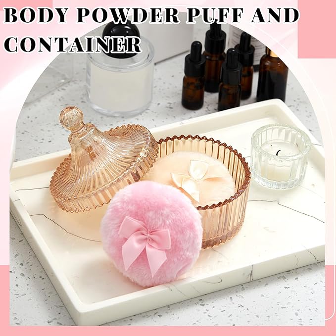 Tioncy 3 Pcs Large Body Powder Puff and Container Powder Container with Puff Crystal Case Soft Washable Reusable Velour Face Body Glitter Wet Dry Makeup(Simple,Amber)