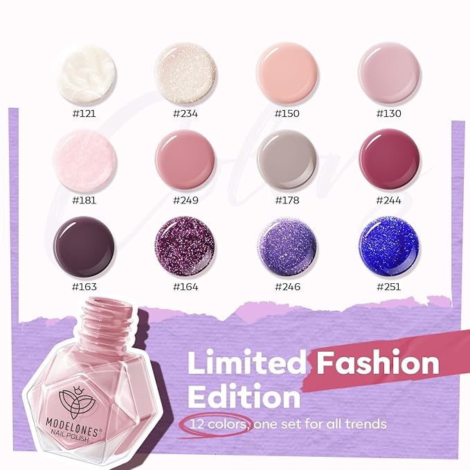modelones Nail Polish Set 12 Colors Pearl White Nude Glitter Blue Pink Purple Quick Dry Mini Nail Lacquer Kit, Christmas Holiday Manicure Gifts for Women Girl Shimmer Home DIY Finger Toe Nail Art