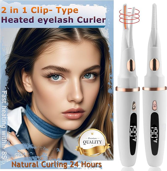 Heated Eyelash Curlers - 2 in 1 Clip- Type Heated lash Curler Best Seller Electric Eyelash Curler LED Display 3 Temp Settings for Makeup Tools USB Rechargeable Natural Curling 24H Long Lasting 9A