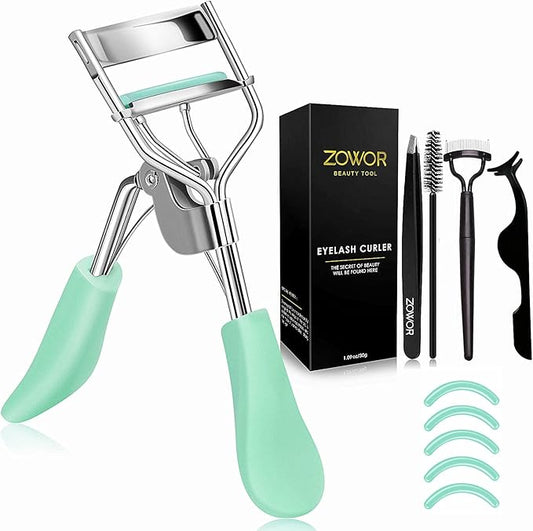 Eyelash Curler with Comb and Brush Fit All Eye Shape Curved Eyelash Curlers with 5PCS Silicone Refill Pad,Natural and Long Lasting Lash Curler for Women Make Up Gift(Green)
