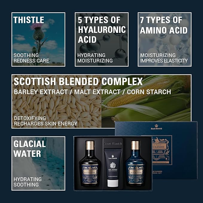 Scott Hamish Blue Blended Set - Skincare Set for Men with Face Wash, Face Toner & Facial Emulsion – Intensive Moisturizing and Conditioning Aftershave Kit Enriched - Bergamot & Musky Scent