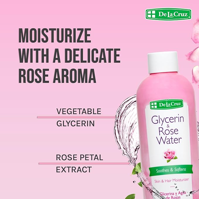 De La Cruz Rose Water and Glycerin for Face - Rosewater Facial Toner and Moisturizer for Skin and Hair 8 fl oz. (236 mL) - 1 Bottle