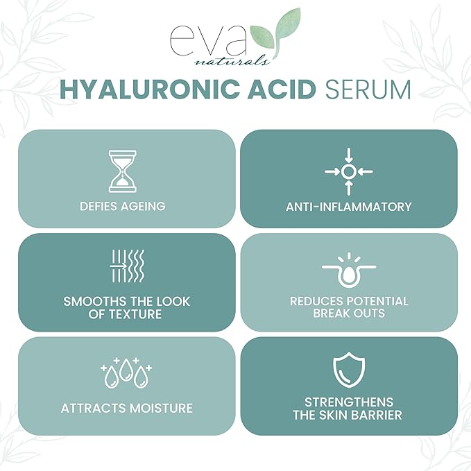 Eva Naturals Anti-Aging Hyaluronic Acid Serum For Face - Professional & Potent Hydrating Anti-Wrinkle Formula For Fine Line & Uneven Skin Tone - Contains Vitamin C, B, & E, Paraben Free (8 Oz)