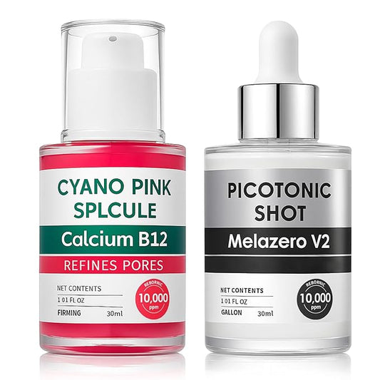 Cyano Pink Spicule Serum + Picotonic Shot Ampoule Duo - Korean Face Serum with Niacinamide & Calcium Ampoule Duo for Pore Refinement Glass Skin Finish (Pink + white essence)