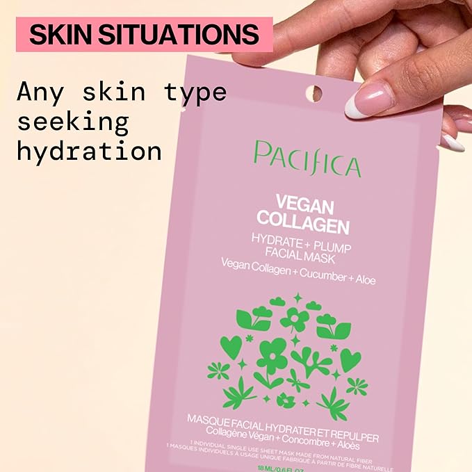 Pacifica Sheet Face Mask - Vegan Collagen Hydrate & Plump with Cucumber & Aloe – Moisturizing Mask for Dry & Aging Skin - Clean Beauty Vegan & Cruelty-Free Dermatologist Tested