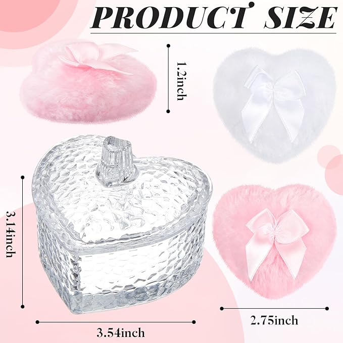 Tioncy 3 Pcs Large Body Powder Puff and Container Powder Container with Puff Crystal Case Soft Washable Reusable Velour Face Body Glitter Wet Dry Makeup(Heart,Clear)