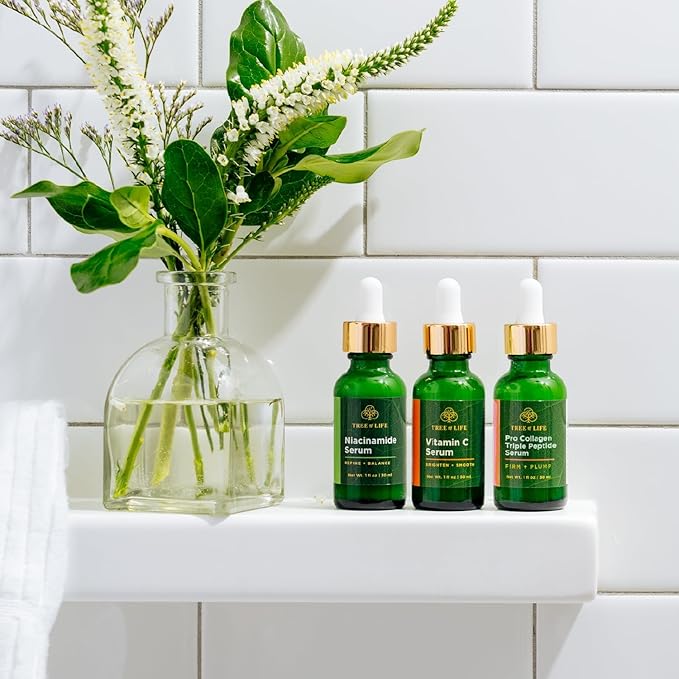 Tree of Life Beauty Skin Care Set, Brightening, Firming, Dry Face, Dermatologist Tested - Complete Hydration Trio, Vitamin C Serum, Niacinamide, Pro Collagen Peptide, 3 count of 1Fl oz