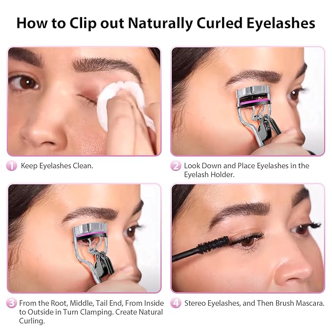 Stainless Steel Eyelash Curler with Built-in Comb Pinch Pain-Free Lash Curler with Brush Suitable for Any Eye Shapes and Sizes and with 5 Silicone Refill Pads (Pink)