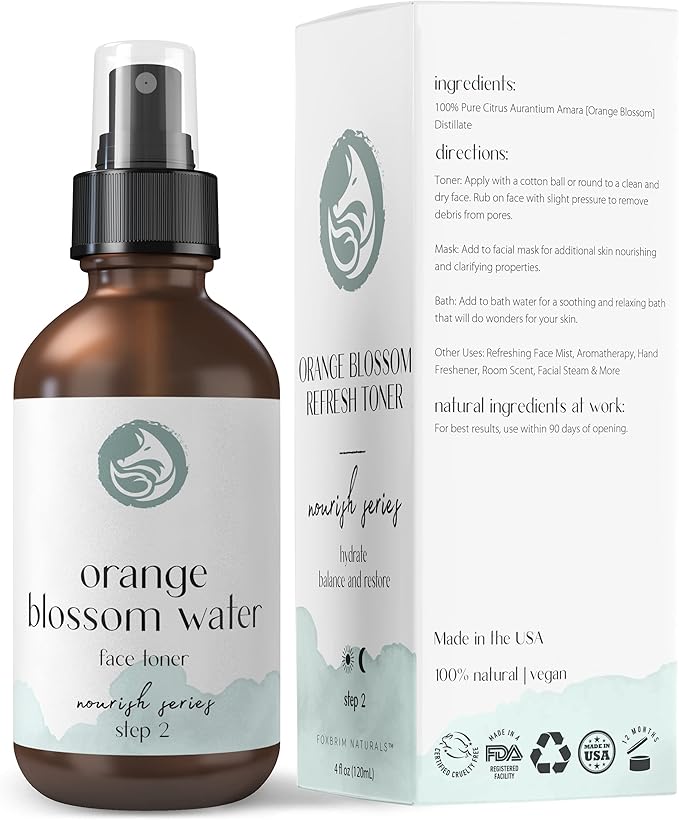 Orange Blossom Water Face Toner - Alcohol-Free Daily Facial Toner Spray 100% Natural for Sensitive Skin Acne and Breakouts - Best to Tone Tighten and Clear Pores - 120mL/4.oz by Foxbrim