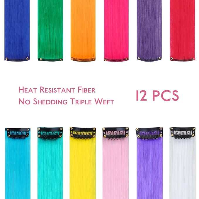WENNALIFE 12 PCS Rainbow Hair Extensions Clip in, Colored Clip in Hair Extensions for Kids Highlights Rainbow Hair Clips for Girls Synthetic Straight Pop-up Style Colorful Girls Hair Accessories