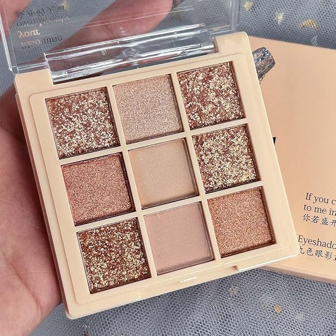 9Colors Champagne Rose Gold Eye Shadow Palette Makeup,Shimmer Pink Eyeshadow Palette Nude Glitter Sparkly Eye Shadows Long Lasting Waterproof Blendable Naturing-Looking