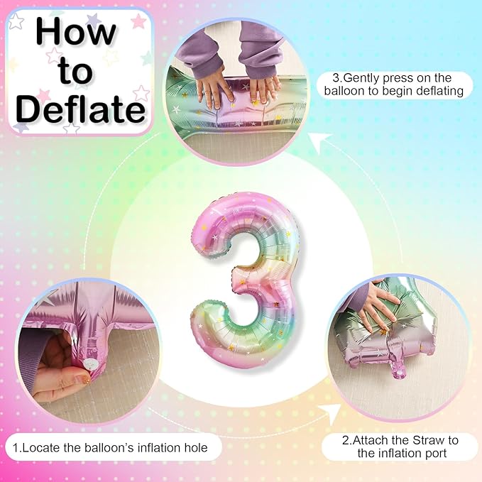 3rd Birthday Balloons for Girls, 40‘’ Foil Self Inflating Rainbow Stars Number 3 Balloon, Large Colorful Multicolor 3 Balloon Number for Kids 3 Yeal Old Birthday Party Decor Anniversary Decorations