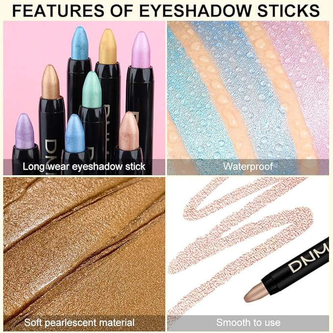 8Pcs Cream Eye Shadow Brightener Sticks Set for Eyes, Desert Mocha Beige Gold Light Purple Pink Sky Dazzling Blue Geen, Halloween Makeup, Matte Shimmer Eye Shadow Pencil Pen Crayon Waterproof 02