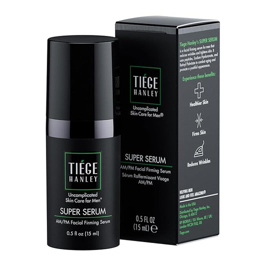 Tiege Hanley Anti-Aging Face Serum, SUPER SERUM (1-Pack) - Skin Tightening Facial Serum for Men - Mens Serum For Face with Sodium Hyaluronate & Retinyl Palmitate for Smoother & Tighter Skin, 0.5 Fl Oz