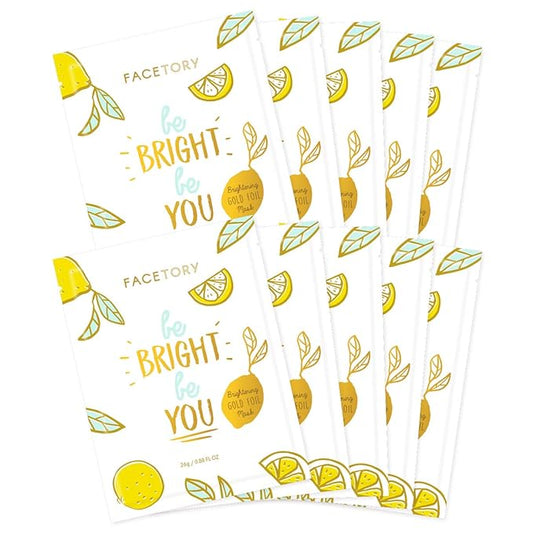 FACETORY K Beauty Face Mask Skin Care - BE BRIGHT BE YOU BRIGHTENING Sheet Mask with Gold Foil & Lemon Fruit | Glowing Gold Brightening Face Mask (10 Pack)
