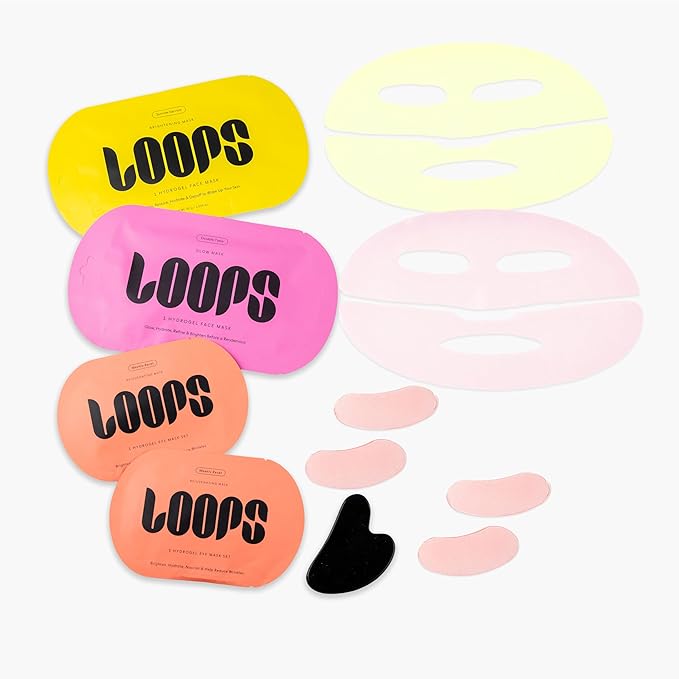 LOOPS Sculpt & Glow Set - Two Hydrogel Facemaks, Hydrogel Eye Mask, and Gua Sha