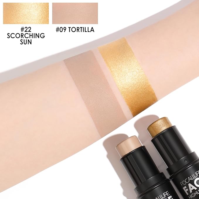 FOCALLURE 2 Pcs Mineral Cream Contour Stick,Moisturize Highlighter and Bronzer Pen,Non Stick Face Brightens & Shades Pencil,Long Lasting & Smooth Gliding Face Illuminator Makeup,22+09