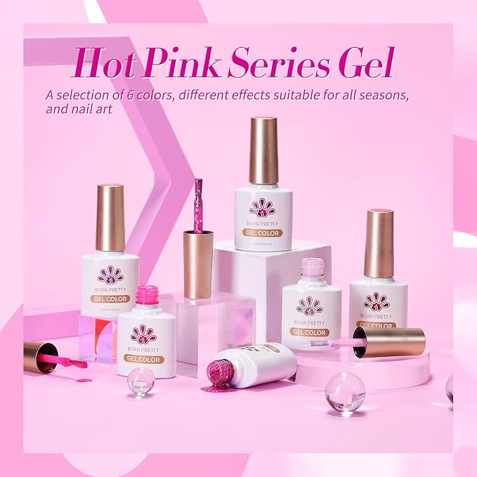 Born Pretty Neon Hot Pink Gel Nail Polish,Halloween Pink Ghost,Natural Soft Light to Dark Glitter Sparkle Gel Polish Soak Off U v LED Nail Art Manicue Kit DIY at Home or Manicure Salon 6PCS