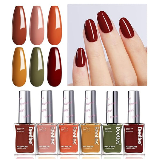 Beetles Fall Nail Polish Set P180, 6 Color Red Yellow Green Quick Air Dry Nail Polish, Natural Nail Lacquer Manicure DIY Nail Art Salon Christmas Gift For Women