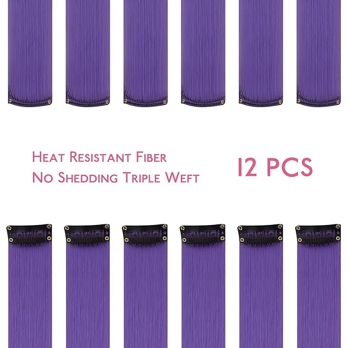 WENNALIFE 12 PCS Deep Purple Hair Extensions Clip in, Colored Clip in Hair Extensions for Kids Highlights Rainbow Hair Clips for Girls Synthetic Straight Pop-up Style Colorful Girls Hair Accessories