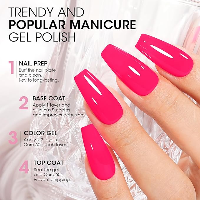 GELLEN Hot Pink Gel Nail Polish, Bright Pink Gel Polish Summer 6 Colors Set, No Wipe Soak Off Glossy UV Light Gel for Acrylic Natural Nails Manicure DIY Home Salon Valentines