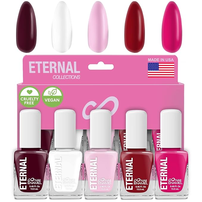 Eternal Red Nail Polish Set for Women (ROSE ALL DAY) - Pink Nail Polish Set for Girls - Long Lasting & Quick White Nail Polish for Home DIY Manicure & Pedicure - Made in USA, 13.5mL (Set of 5)