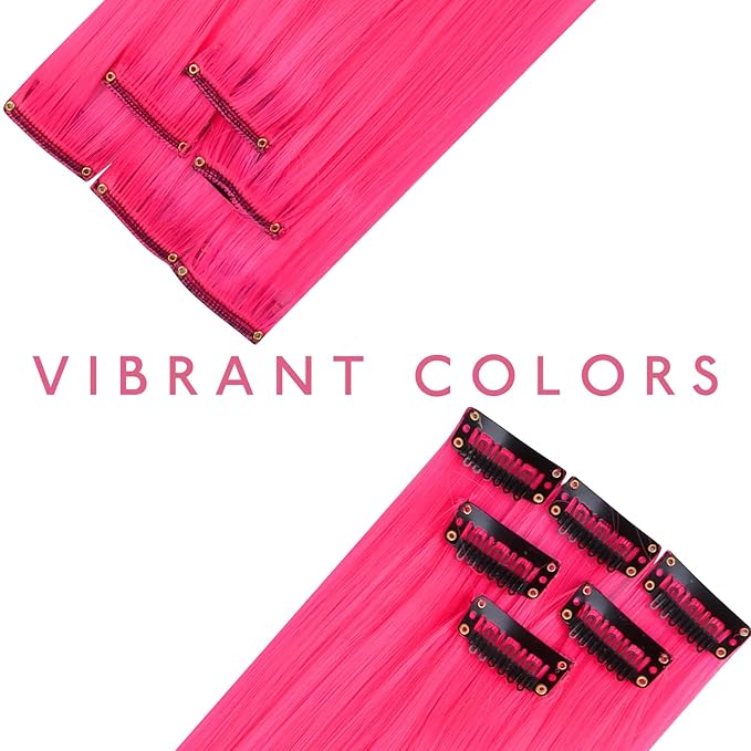 WENNALIFE 12 PCS Hot Pink Hair Extensions Clip in, Colored Clip in Hair Extensions for Kids Highlights Rainbow Hair Clips for Girls Synthetic Straight Pop-up Style Colorful Girls Hair Accessories