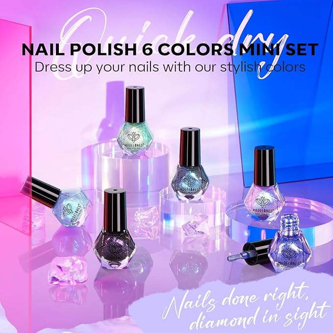modelones Chameleon Nail Polish Set 6 Colors, Green Glitter Pink Blue Purple Holographic Quick Dry Mini Nail Lacquer Kit Gray Aurora Shimmer DIY Nail Art Manicure Gift For Women Girls
