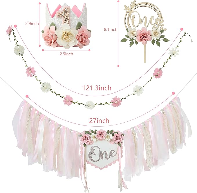 Wildflower 1st High Chair Banner Birthday Decorations For Girl Pink Flower Cake Topper Hat Floral Theme Party Decoration