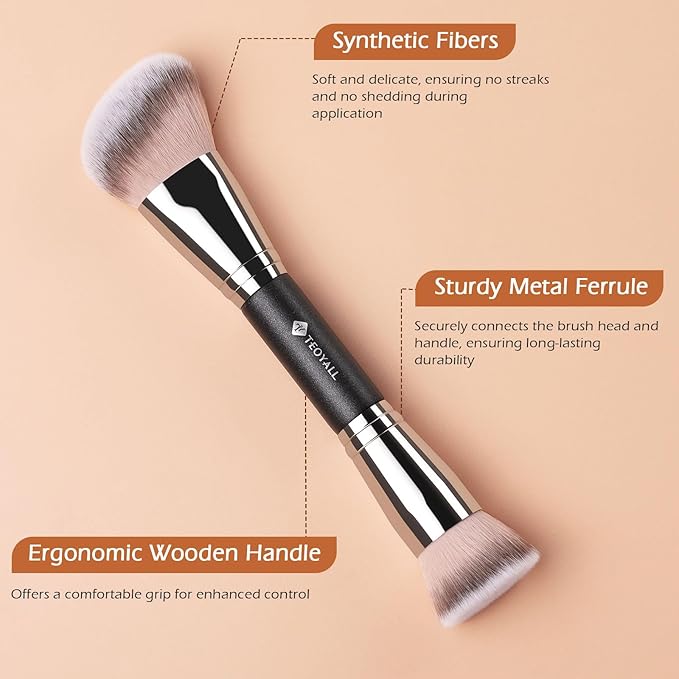 TEOYALL Dual-Ended Foundation Contour Brush, Flat Top and Angled Synthetic Bristles for Bronzer Liquid Cream Powder
