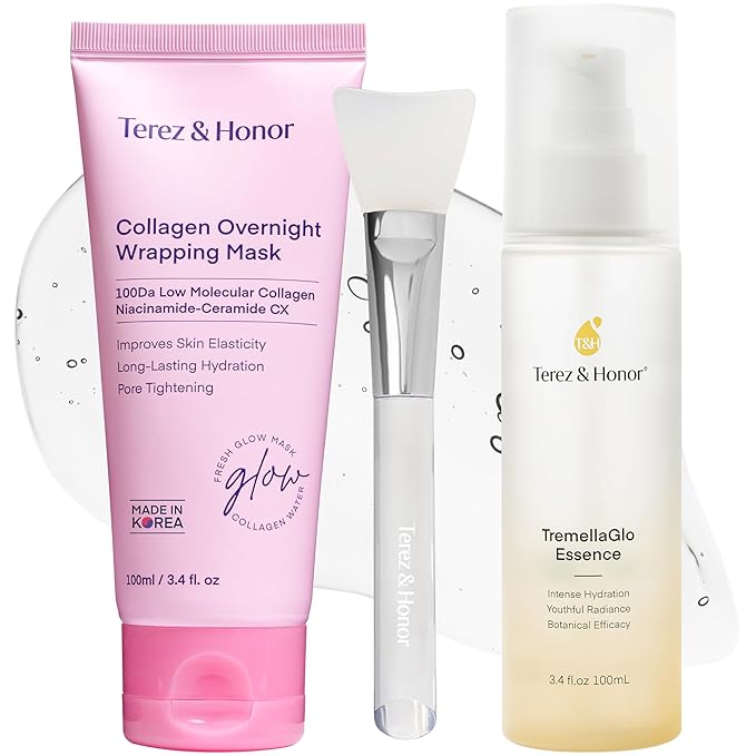 TEREZ & HONOR Collagen Night Wrapping Peel Off Mask & TremellaGlo Essence Face Serum Day & Night Glow Duo, for Elasticity, Hydrating & Glow, Korean Skincare, Dermatologist Tested