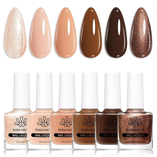 Born Pretty Brown Nail Polish Quick Dry, 6 Colors Fall Nude Brown Caramel Coffee Chestnuts Chocolate Glitter Nail Polish Neutral Beige Khaki Fingernail Polish All Seasons Nail Art DIY Home Salon Gift