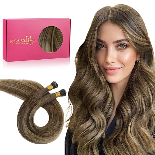 WENNALIFE I Tip Hair Extensions Real Human Hair, 100g 100s 20 Inch Balayage Chocolate Brown to Caramel Blonde Remy Itip Human Hair Extensions Invisible Itips Straight I Tips Cold Fusion Extensions