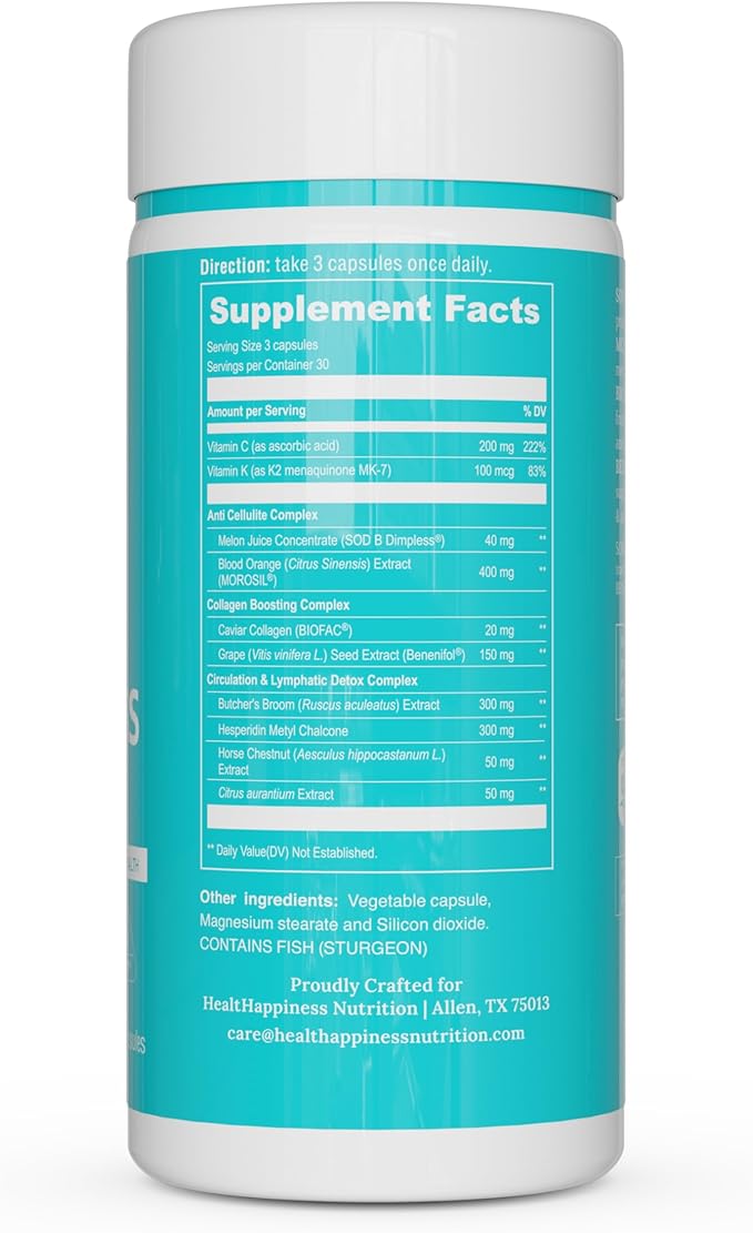 UpNourish Cellulite Vein Health Supplement with Caviar Collagen, SOD DIMPLESS, MOROSIL, Butchers Broom, Horse Chestnut, Leg Wellness and Circulation Support 90ct